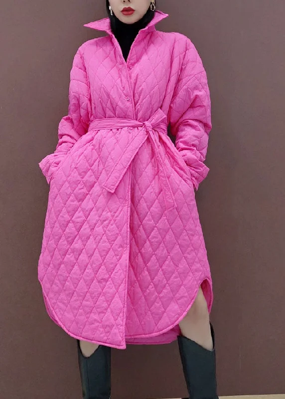 stylish knit jacket for women -Style Pink Peter Pan Collar Pockets Tie Waist Parka Winter