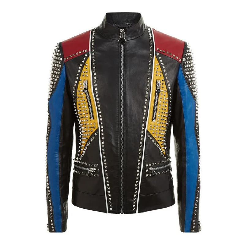 sleek satin bomber jacket for women -Men Handmade Multi color Philipp Full Studded Leather Jacket