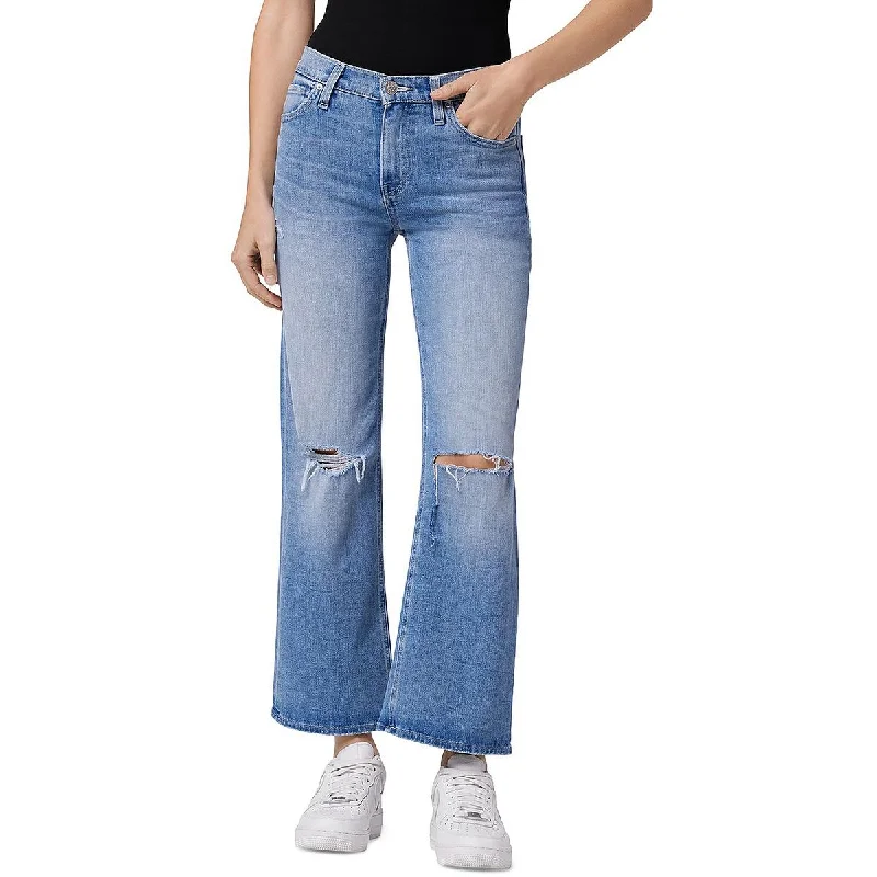 comfy pull-on stretch jeans for women -Womens Distressed High Rise Wide Leg Jeans