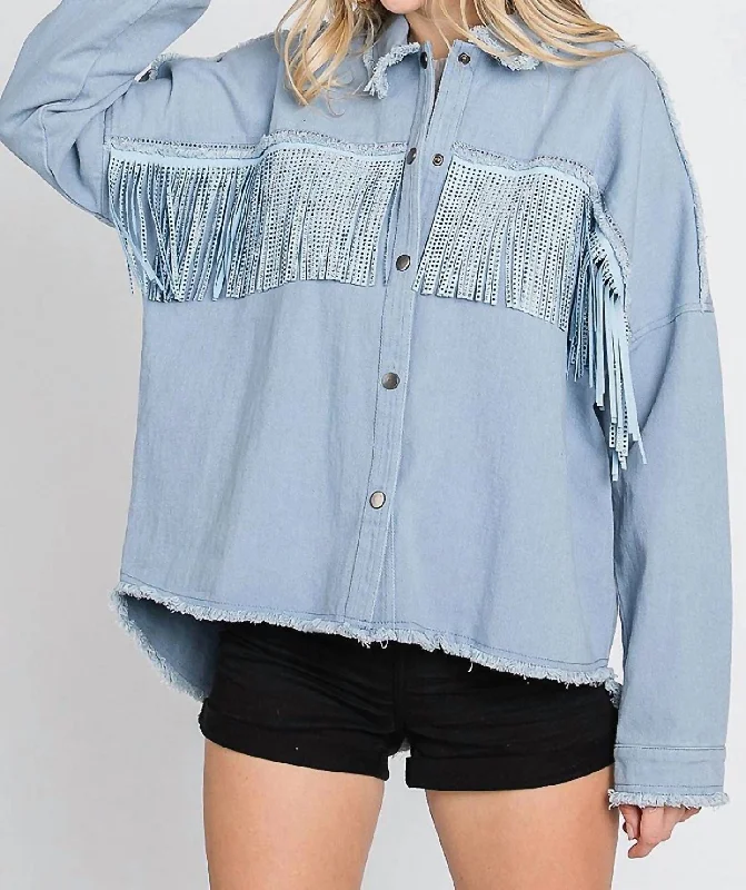 oversized women's coat -Rhinestone Fringe Detail Shirt Jacket In Blue