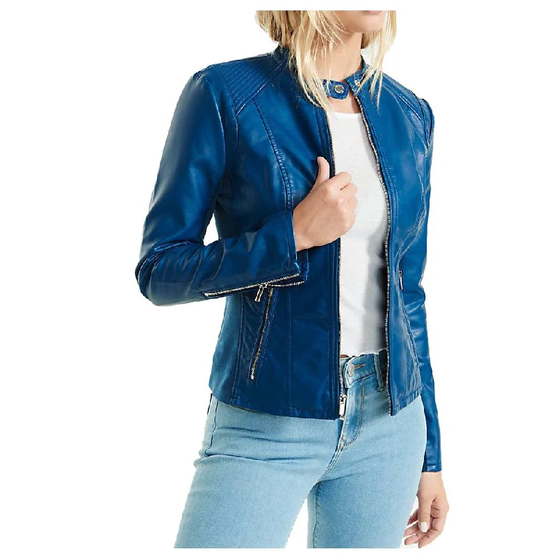 stylish leather jacket for women -Women Blue Soft Lambskin Motorcycle Racer Leather Jacket