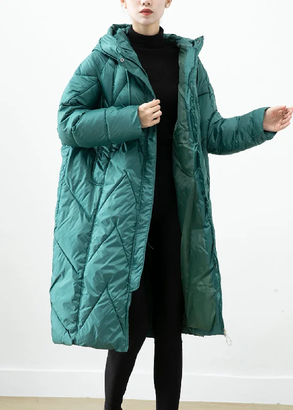 versatile casual coat for women -Plus Size Blackish Green Hooded Pockets Fine Cotton Filled Jacket In Winter