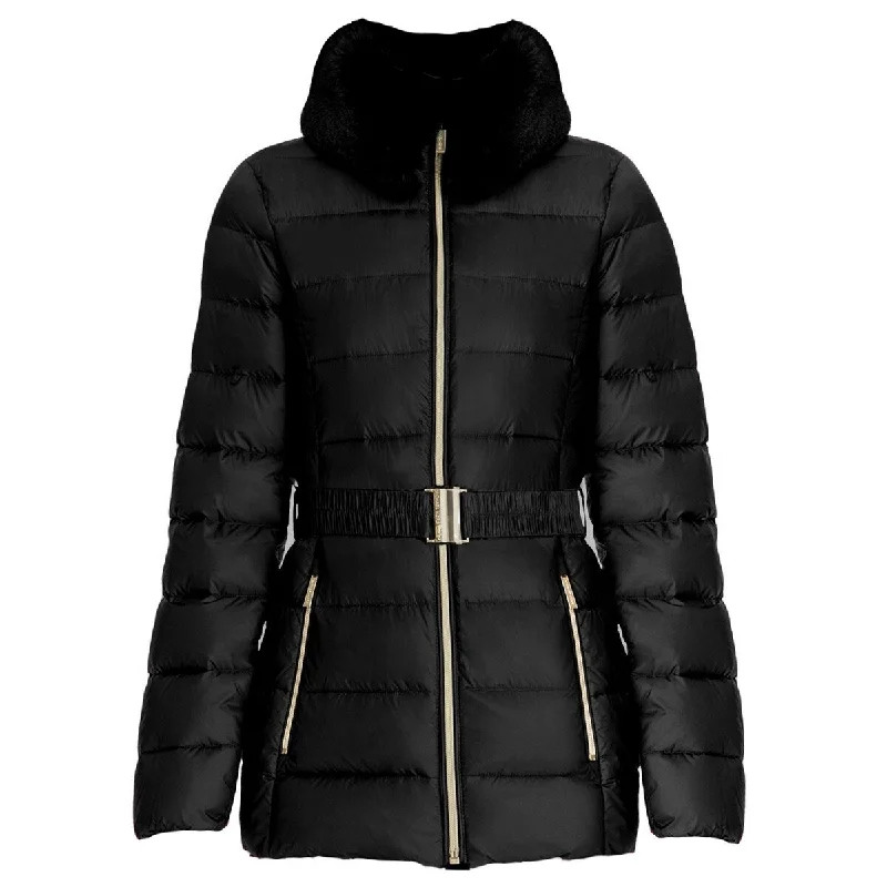 zip-up casual anorak jacket for women -Michael Kors Women's Black Faux Fur Collar Belted Lightweight Down Puffer Coat