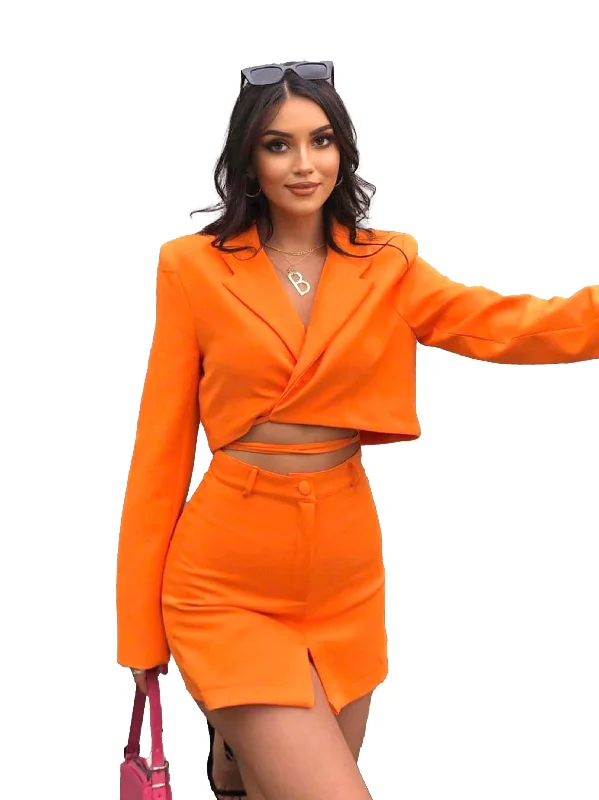 trendy plaid coat for women -Women's 2 Pcs Cropped Tie Waist Blazer & Skirt Set,Orange