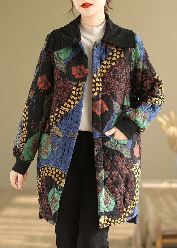 urban style cropped puffer jacket -Boho Floral Pockets Thick Warm Fine Cotton Filled Coat Winter