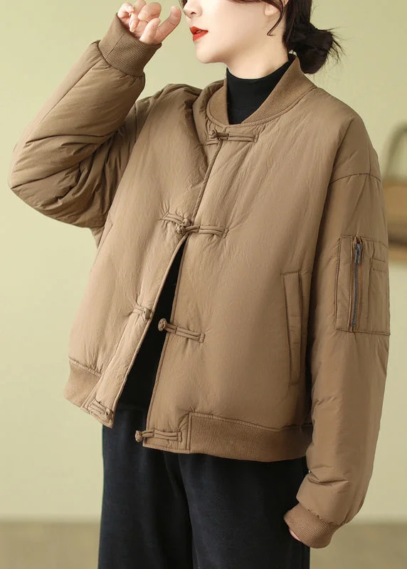 ladies' fleece zip-up jacket -Loose Khaki Button Pockets Cotton Filled Parka Long Sleeve