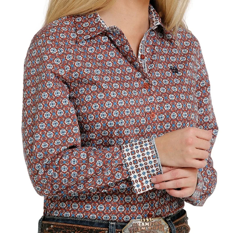 plus size short sleeve tops for women -Cinch Women's L/S Rust Geometric Button Down Shirt