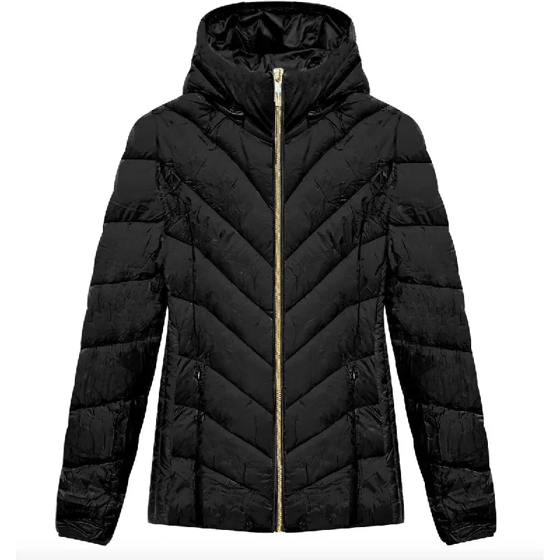 winter-ready faux shearling jacket for women -Michael Michael Kors Women Black Chevron Quilted Short Packable Jacket Coat