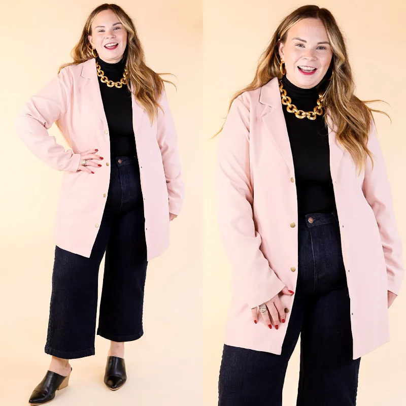 ladies' fleece zip-up jacket -On Mountain Time Long Button Up Blazer in Pale Pink