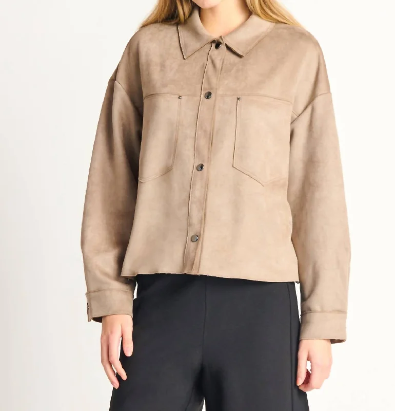 ladies' insulated ski jacket -Faux Suede Button Front Jacket In Taupe