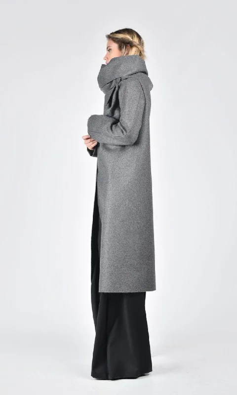 double-layered long coat for women -Wool Felt Coat with High Collar