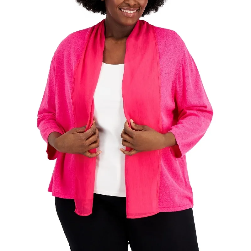 women's mid-length wool coat -Kasper Women's Plus Open Front Long Sleeve Jacket Pink Size 3X