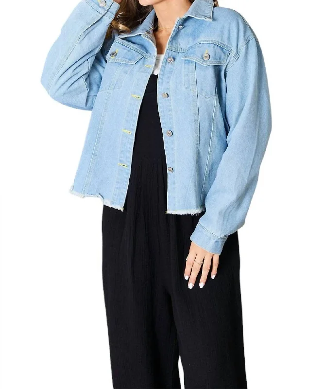 women's relaxed fit blazer -Trendy Denim Jacket With Raw Hem In Light Blue