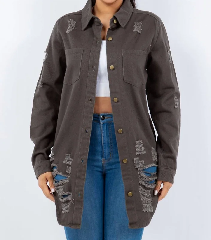 long elegant trench coat for women -Distressed Button Up Long Sleeve Denim Jacket In Gray