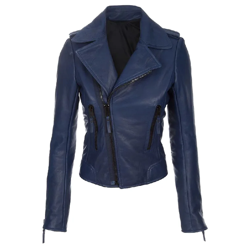 women's casual denim jacket -Women Navy Blue Biker Fashion Leather Jacket