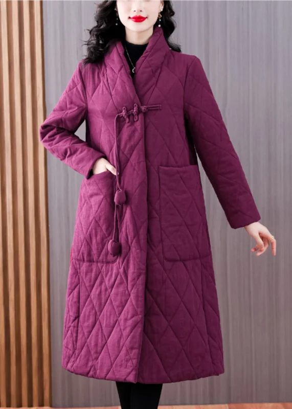 ladies' soft knit cardigan coat -Vintage Purple V Neck Pockets Chinese Button Fine Cotton Filled Coat Winter