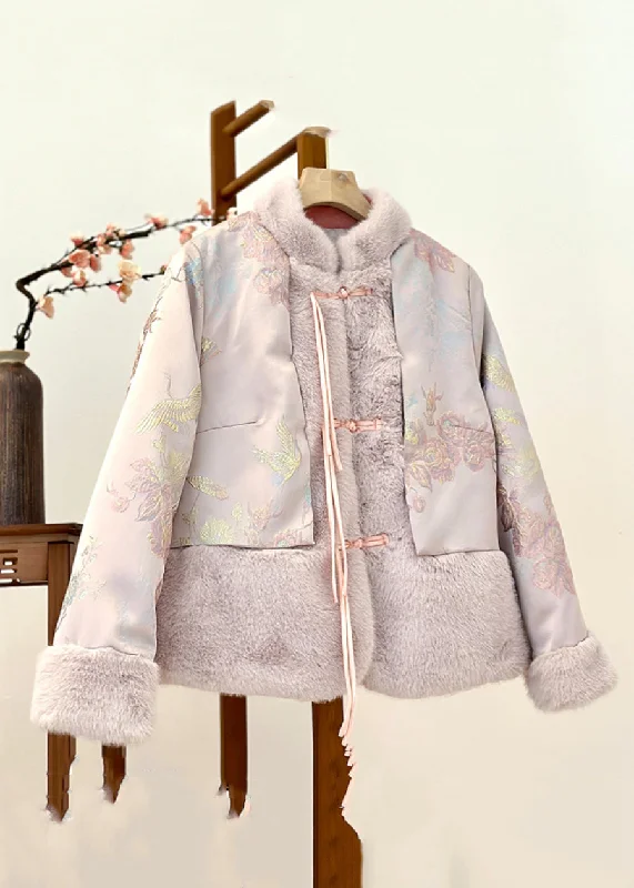 winter-ready women's parka -Beautiful Pink Fur Collar Print Patchwork Parka Winter