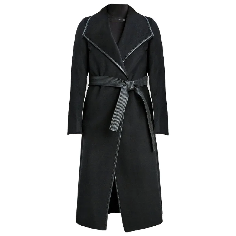 sustainable eco-friendly coat for women -Tahari Women's Juliette Double Face Wool Belted Coat with Faux Leather Trim, Black