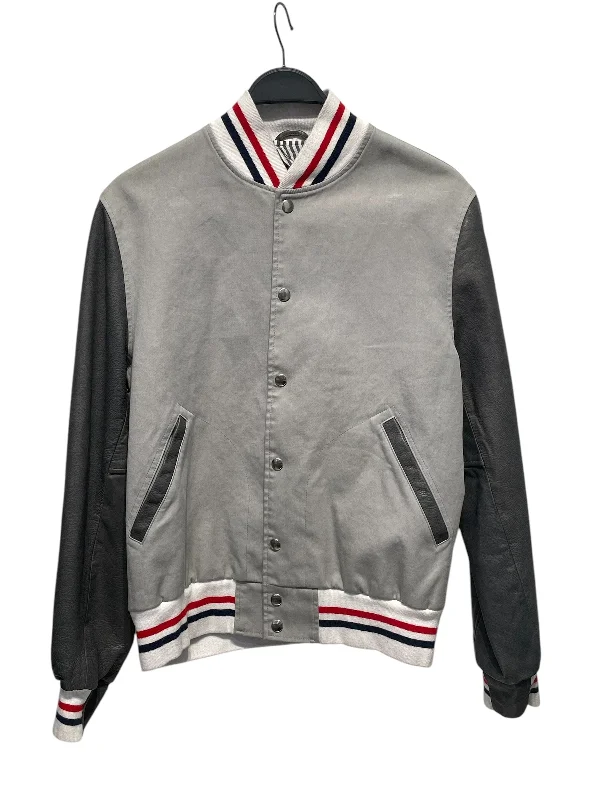 women's biker-style leather jacket -THOM BROWNE. NEW YORK/Souvenir Jkt/3/Nylon/SLV/GRY LEATHER SLEEVE SOUVENIR