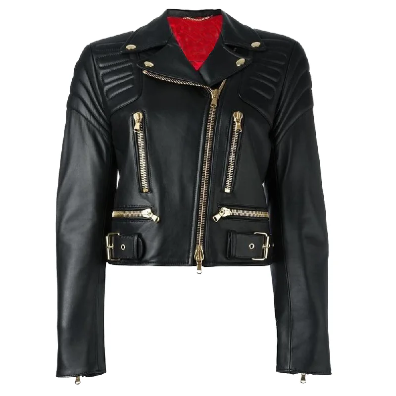 sporty track jacket for women -Women Moschino Cropped Biker Leather Jacket