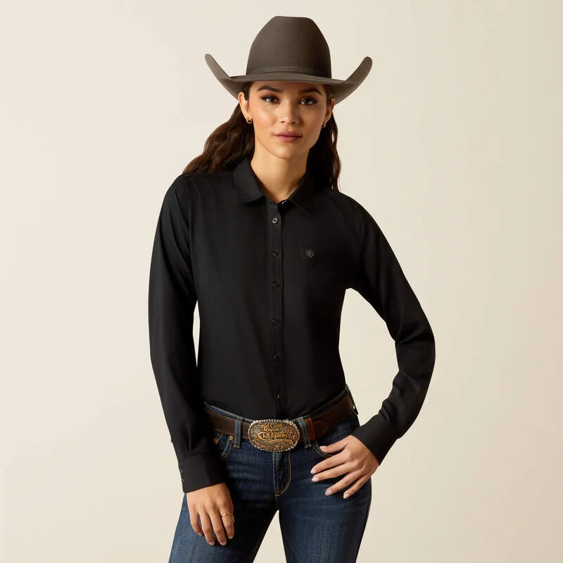 women's scoop neck short sleeve shirt -Ariat Women's Kirby Pro L/S Western Button Down Shirt in Solid Black (Available in Plus Sizes)