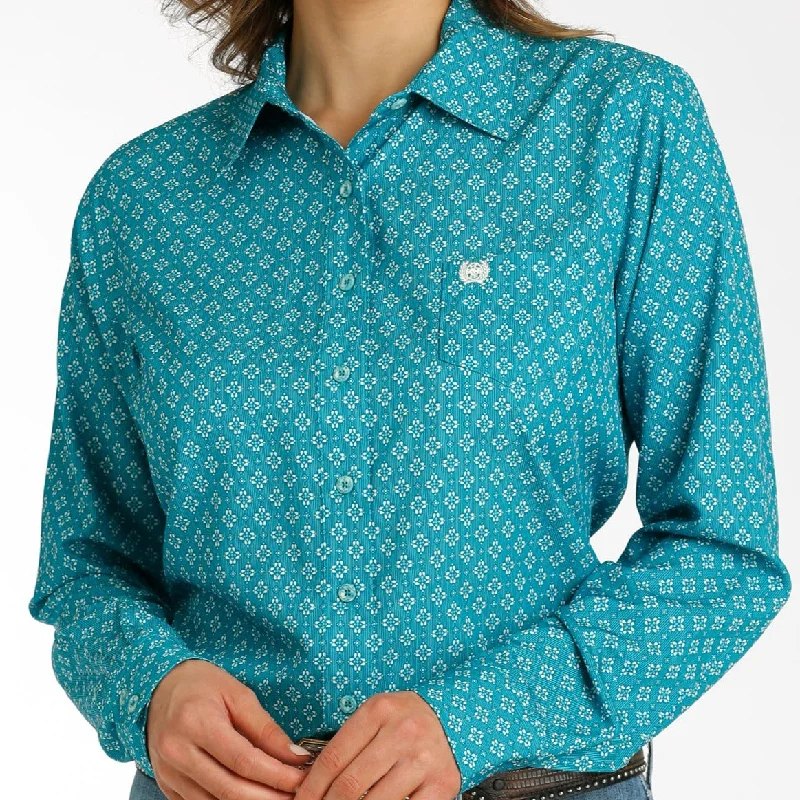 floral print short sleeve shirts for ladies -Cinch Women's L/S Teal Geometric Diamond ArenaFlex Western Button Down Shirt