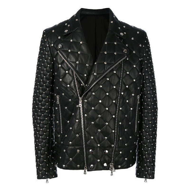 women's relaxed boyfriend blazer -Customized Silver Studded Fashion Leather Jacket Men