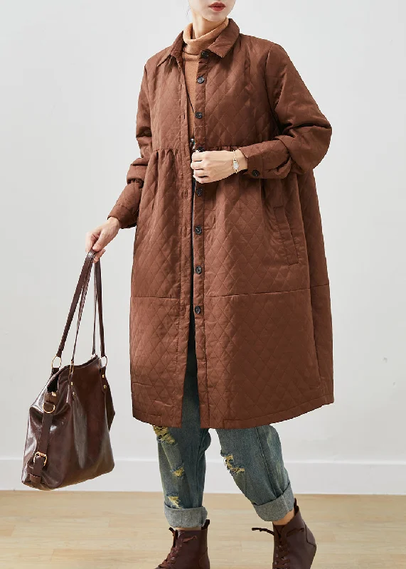 ladies' wool overcoat -Women Brown Oversized Fine Cotton Filled Winter Coats