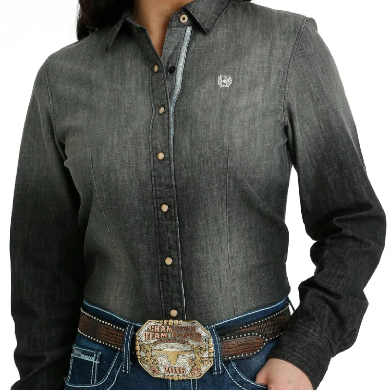 floral embroidered short sleeve blouse -Cinch Women's L/S Black Denim Western Button Down Shirt