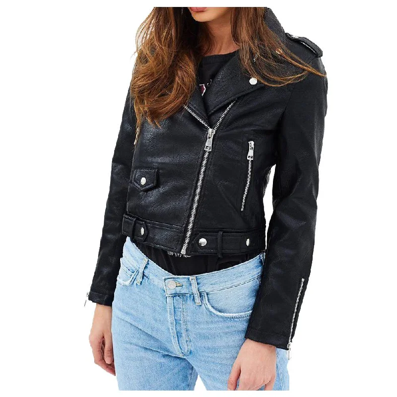 women's slim fit blazer -Women Classic Motorcycle Biker Leather Jacket