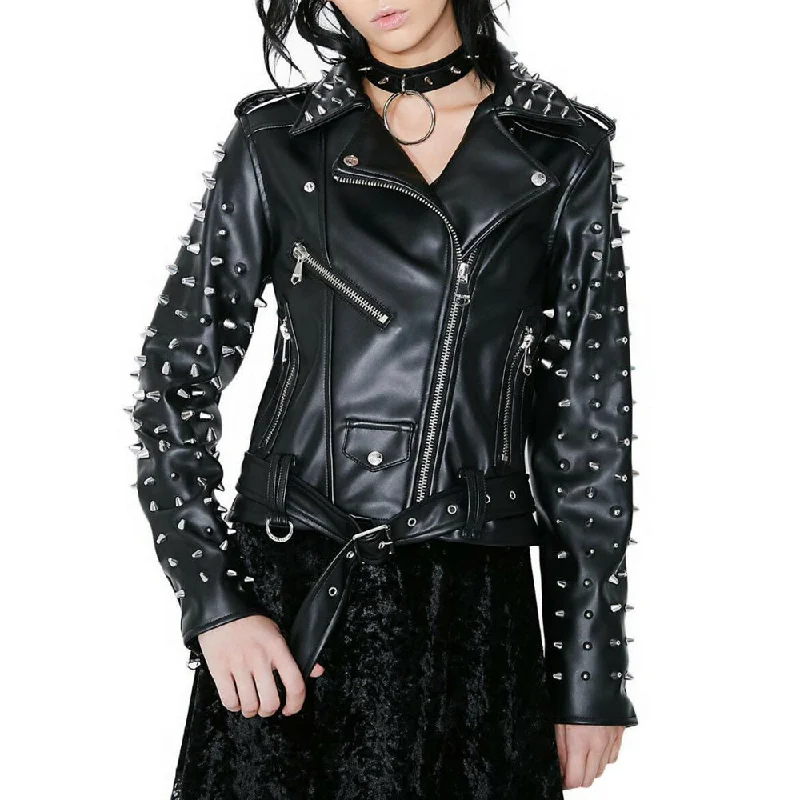 sporty track jacket for women -Women's Black Color Biker Genuine Leather Silver Spike Studded Belted Jacket