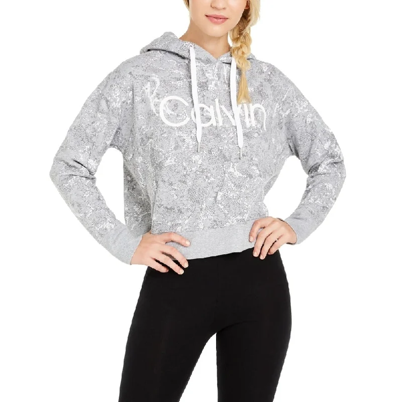 women's hooded winter jacket -Calvin Klein Women's Performance Cobra Print Fleece Hoodie Gray Size XX-Large