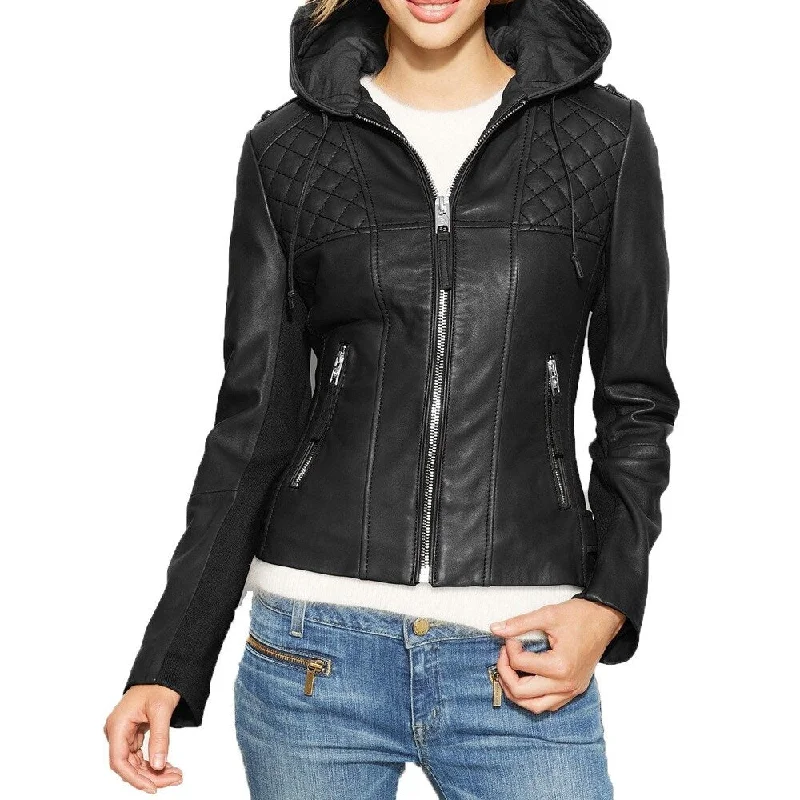 lightweight packable jacket for women -Michael Michael Kors Black Leather Hooded Jacket