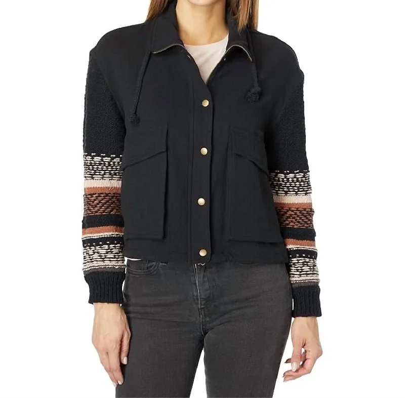 classic camel coat for ladies -Sweater Sleeve Snap Front Jacket In Black