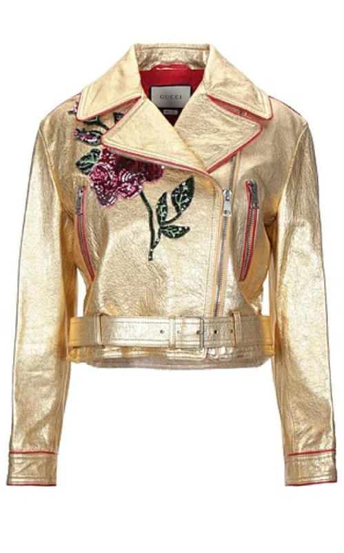 structured blazer jacket for women -Gold Leather Short Biker Jacket