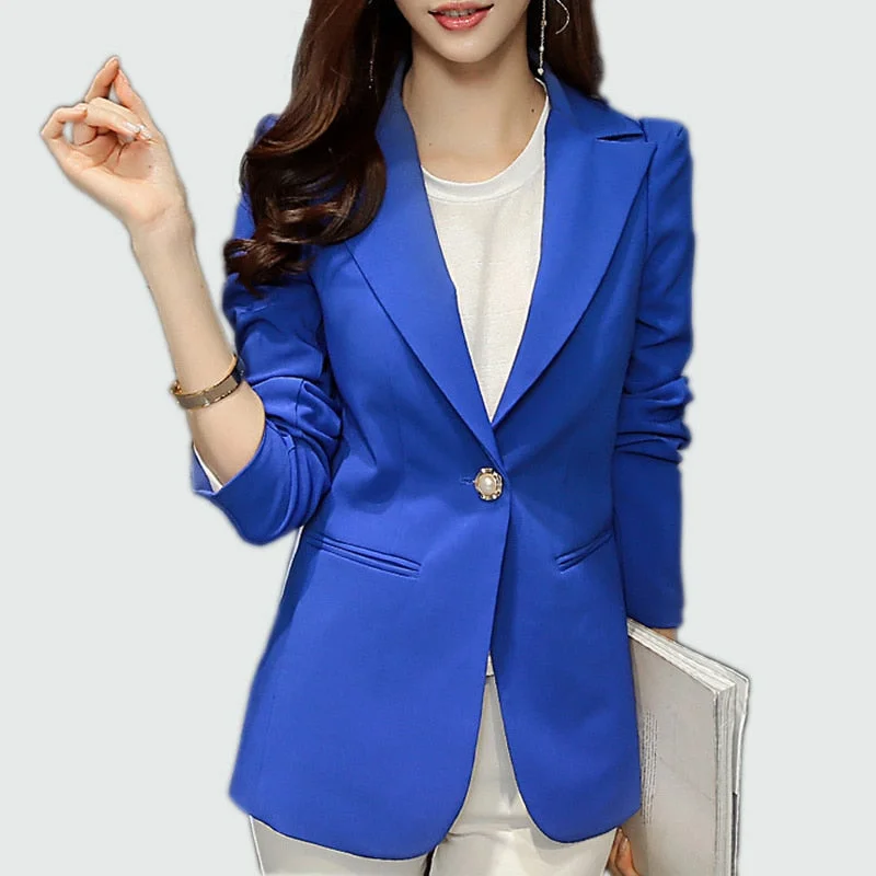 ladies' soft knit cardigan coat -Ladies Blazer 2018 Long Sleeve Blaser Women Suit Jacket Office Lady Female Feminine Blazer Femme Royal Blue / Black Blazer