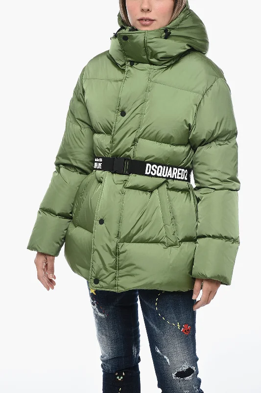 winter-ready faux shearling jacket for women -Dsquared2 Turtleneck Down Jacket with Logoed Belt