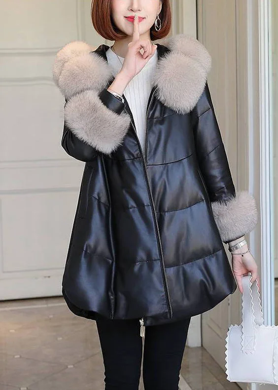 lightweight quilted jacket for women -Italian Black Fur Collar Faux Leather Fine Cotton Filled Puffer Jacket Winter