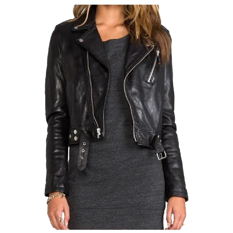 elegant wool cape for women -WOMEN SHORT BODY LAMBSKIN BIKER LEATHER JACKET