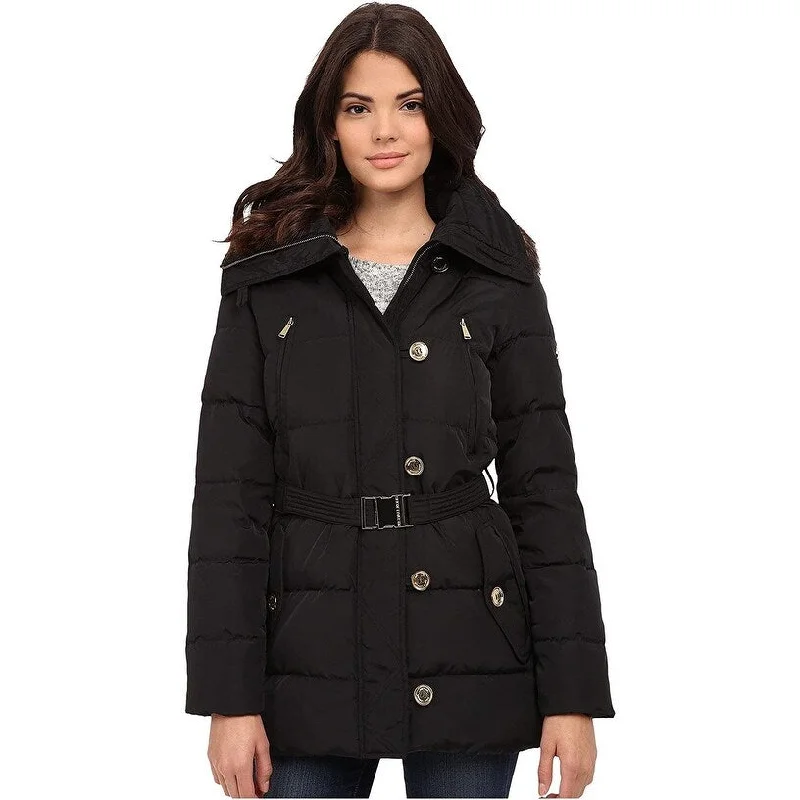 women's faux fur-lined parka -MICHAEL MICHAEL KORS Woman's Black Hooded Belted Quilted Puffer Down Coat 828