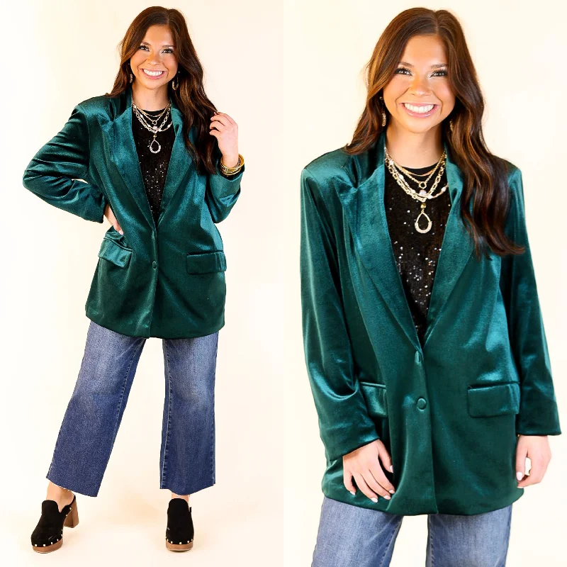 casual oversized shacket for women -Touch Of Luxury Long Sleeve Velvet Blazer in Emerald Green