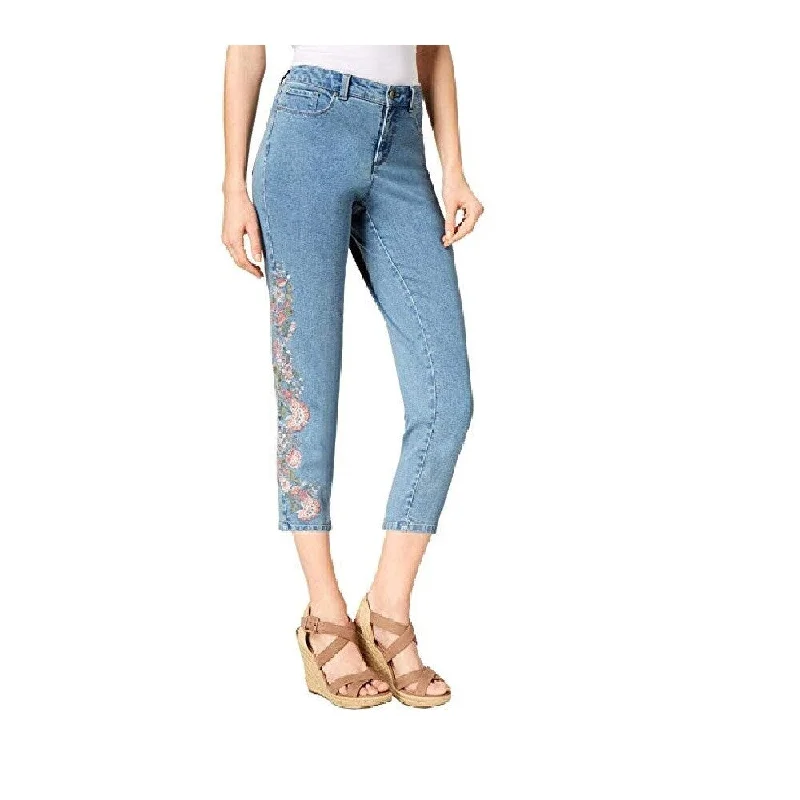 ladies' faded denim skinny pants -Charter Club Women's Embroidered Capri Jeans Creat Lyon Wash Size 18 - Blue