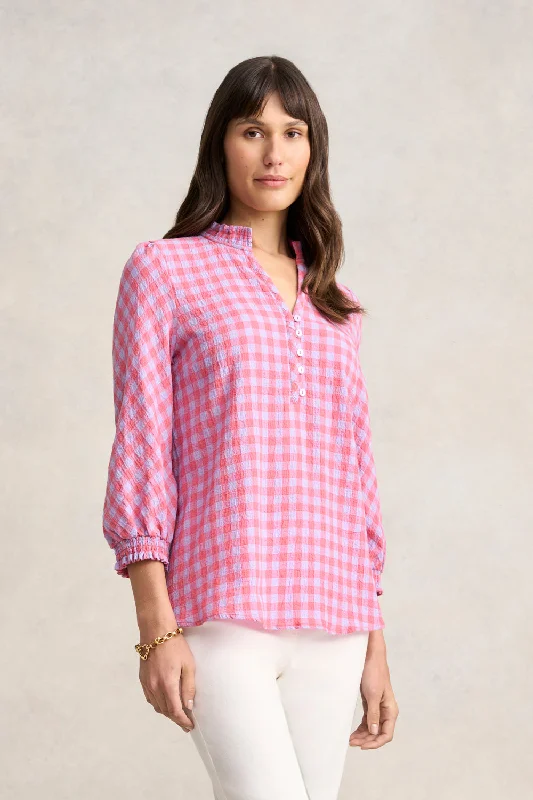 trendy puff sleeve short sleeve tops -Cotton Gingham Blouse - Lilac & Coral Gingham