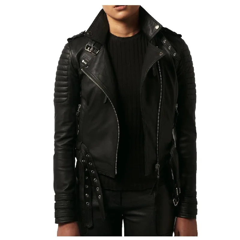 casual zip-up hoodie jacket for women -WOMEN WAIST BELTED MOTO SLIM FIT BIKER JACKET LAMBSKIN BIKER JACKET