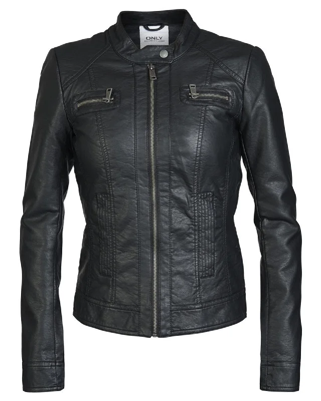 women's varsity bomber jacket -Faux Leather Jacket with Zip and Side Pockets