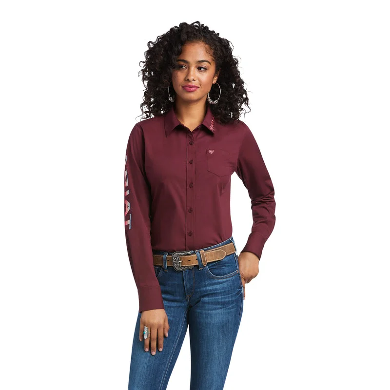 women's casual boyfriend fit short sleeve tee -Ariat Women's Wrinkle Resist Team Kirby Stretch Shirt, Zinfandel