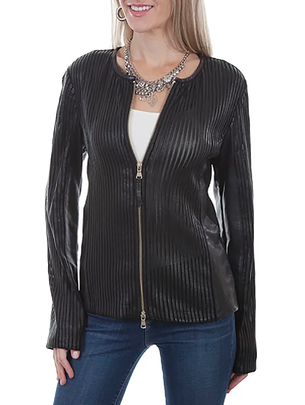 women's teddy bear coat -Black Elastic Panel Leather Jacket