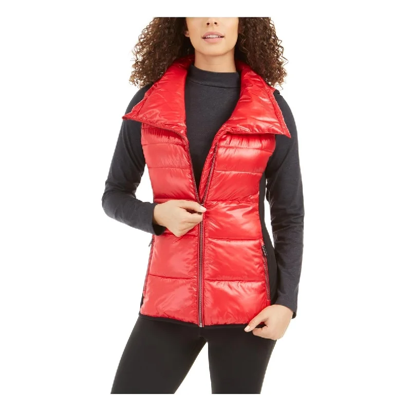 stylish fleece-lined coat for women -Calvin Klein Women's Funnel Neck Quilted Outerwear Vest Red Size Small