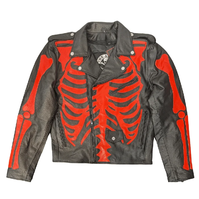 military-style coat for women -Skeleton Bones Red on Black Classic Style Leather Jacket