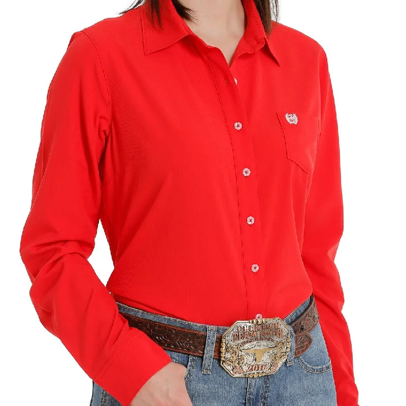 casual laid-back short sleeve cotton tee -Cinch Women's L/S Solid Red Arenaflex Western Button Down Shirt